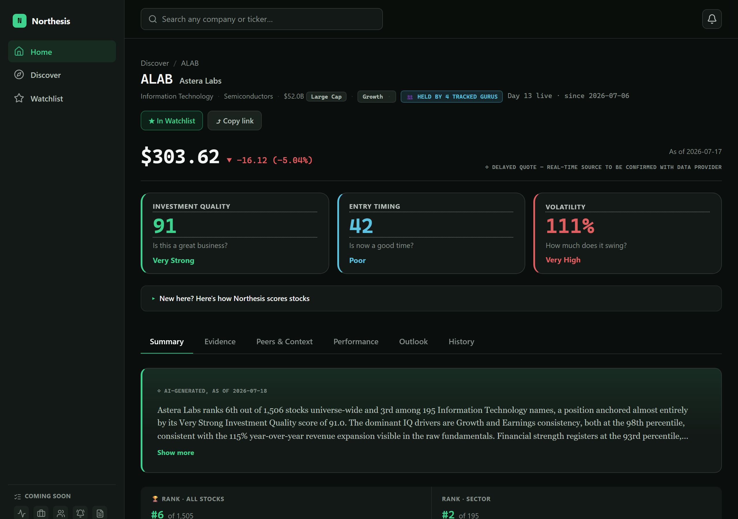 Northesis Stock Detail screen showing real Investment Quality factor breakdown